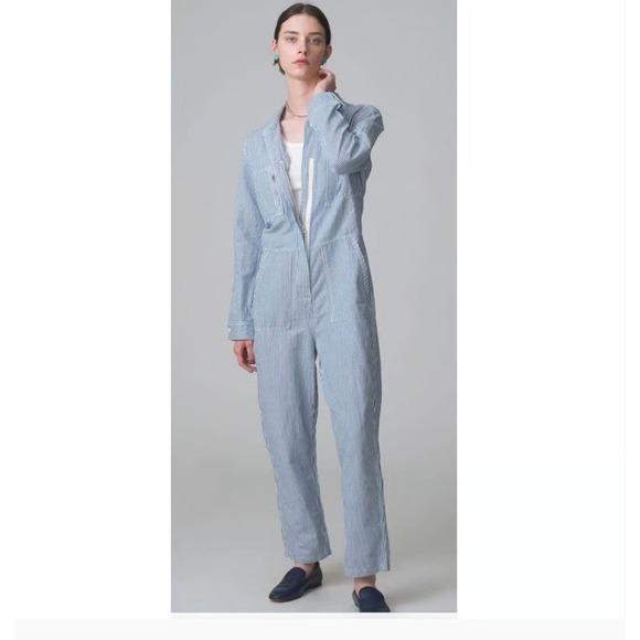 Outerknown Size L Cotton/Linen Jumpsuit Coveralls Long Sleeve Pinstripe NWT $178 - Picture 1 of 9